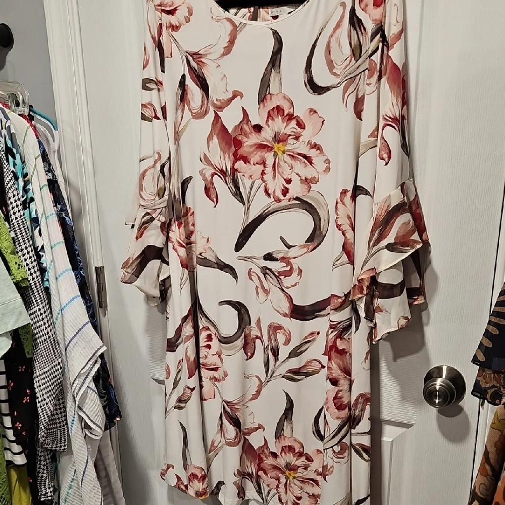 Cato Long Sleeve Floral Dress - Cream and Red